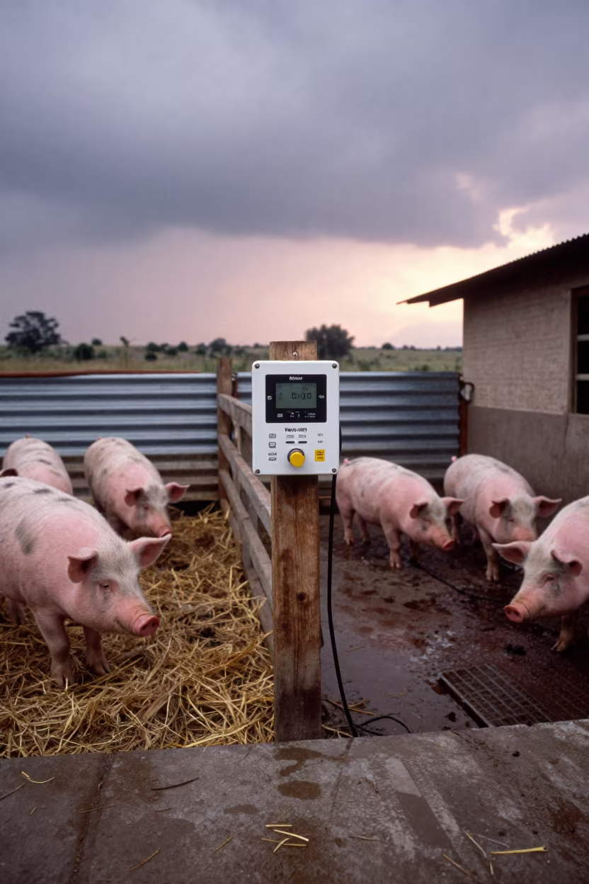 Pig Nursery Controller in Rainy Bolivia Corral in inside a ranch corral in Bolivia