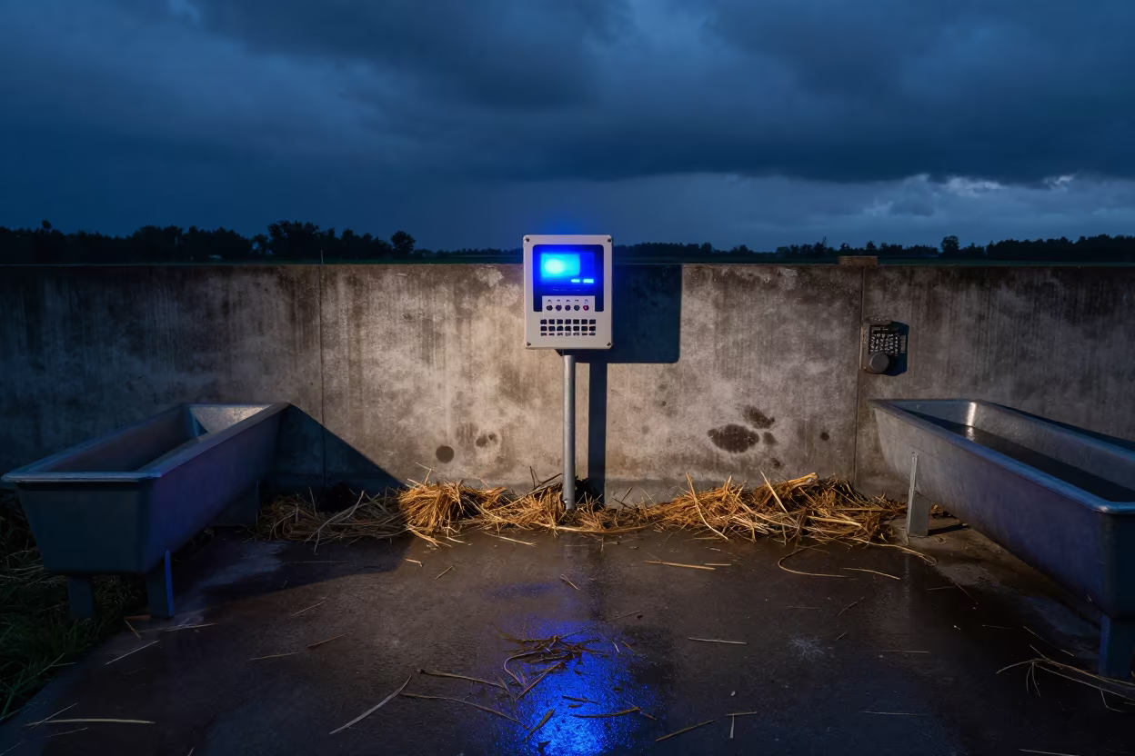 Pig Nursery Heat Controller in Java Evening in near a windbreak and water trough in Java