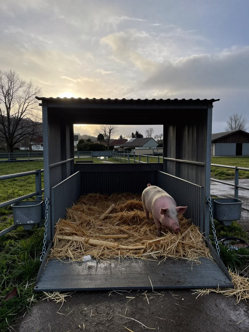 Pig Nursery Pen Backlit at Monaco Stockyard in at a stockyard loading ramp in Monaco