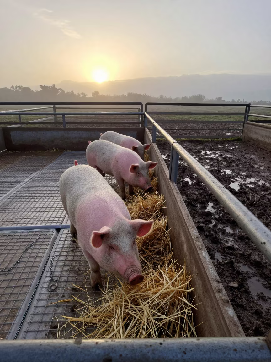 Pig Nursery Pen with Heated Mats in Chilean Morning in along a muddy paddock fence in Chile