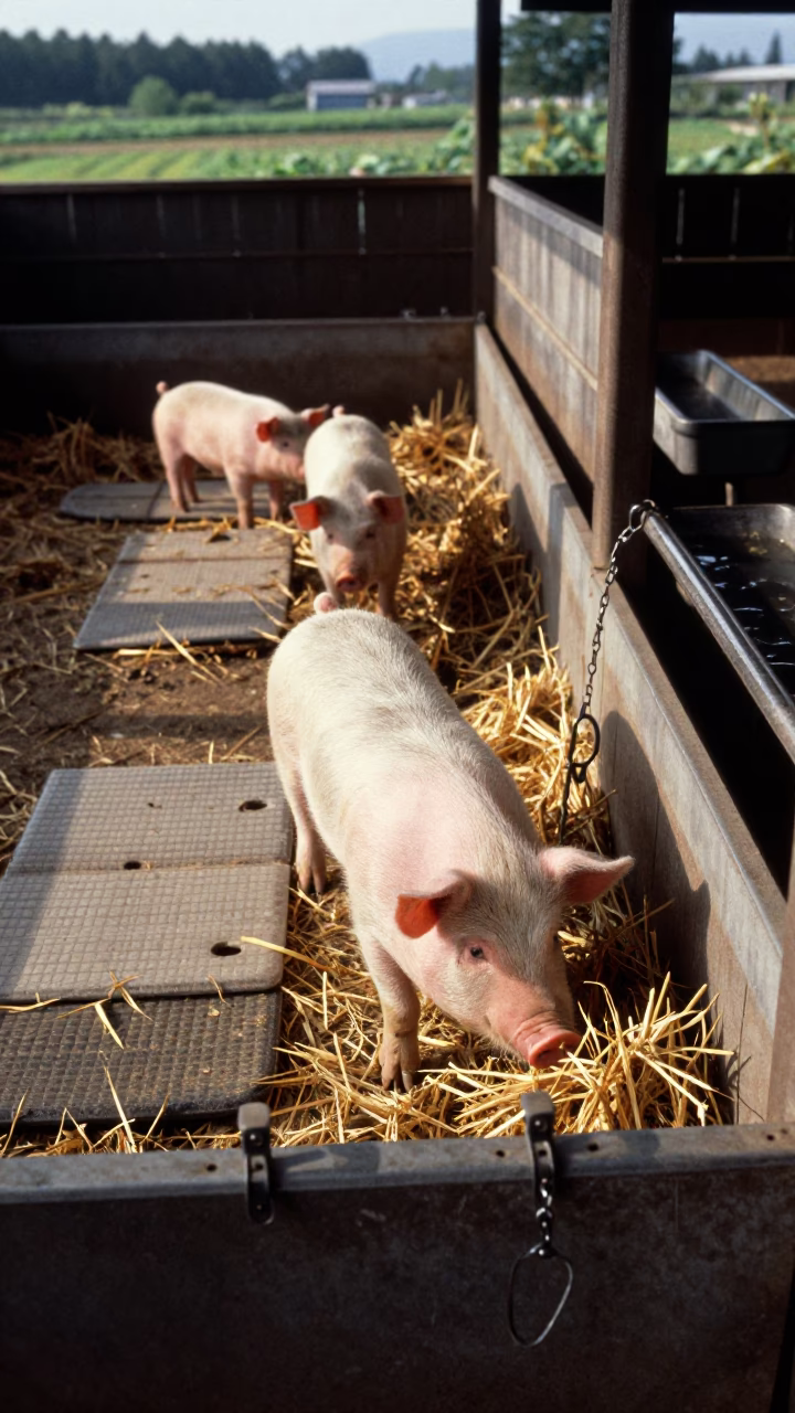 Pig Nursery Pen With Heated Mats and Straw in near a windbreak and water trough in Tohoku