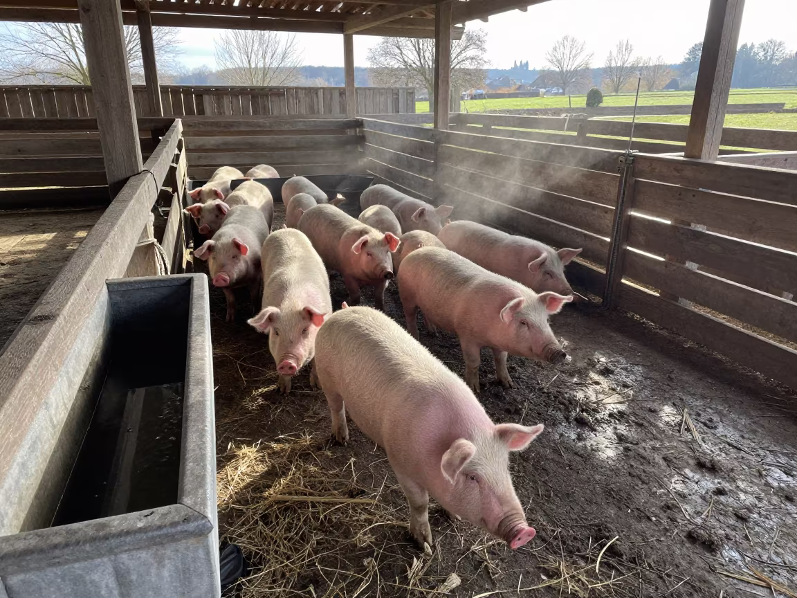 Pig Sorting Board Stack in Alsace Barn in near a windbreak and water trough in Alsace
