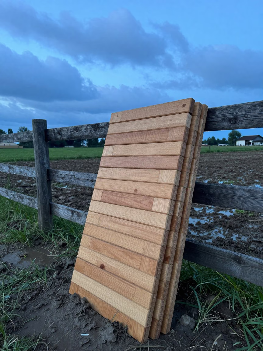 Pig Sorting Board Stack Twilight Veneto Farm in along a muddy paddock fence in Veneto
