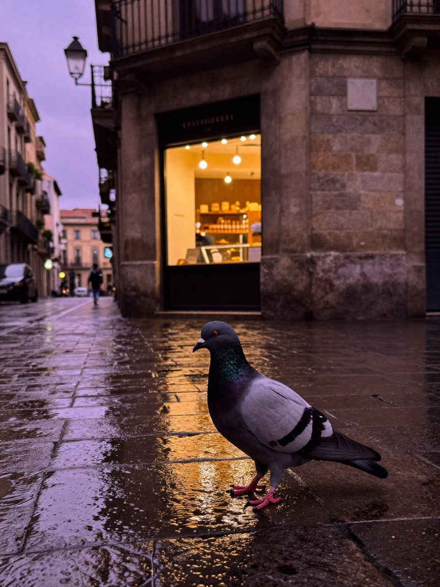 Pigeon in Barcelona at First Light in in Barcelona, Spain