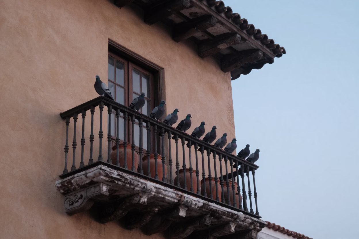 Pigeons and Clay Pots on Colonial Balcony in Cartagena at Nautical Dawn in in Cartagena, Colombia