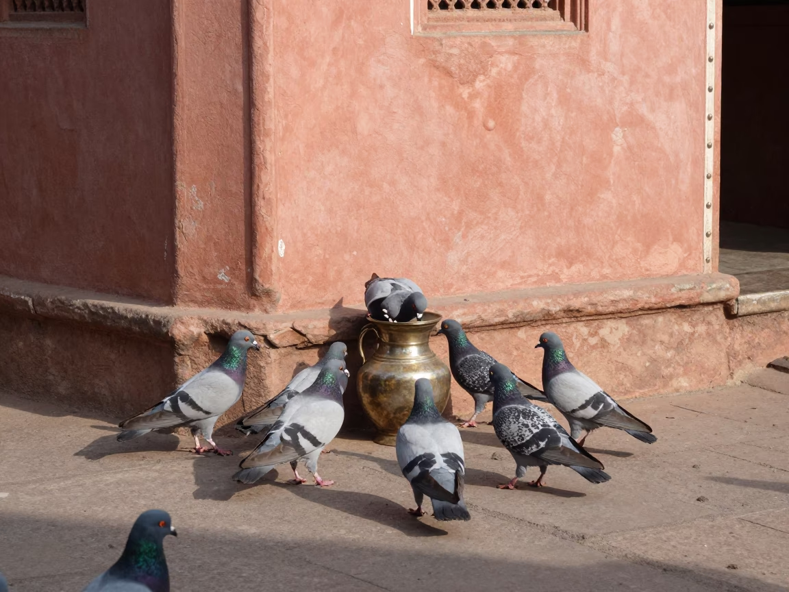 Pigeons and Drinking Vessel in Jaipur Early Afternoon Street Scene in in Jaipur, India