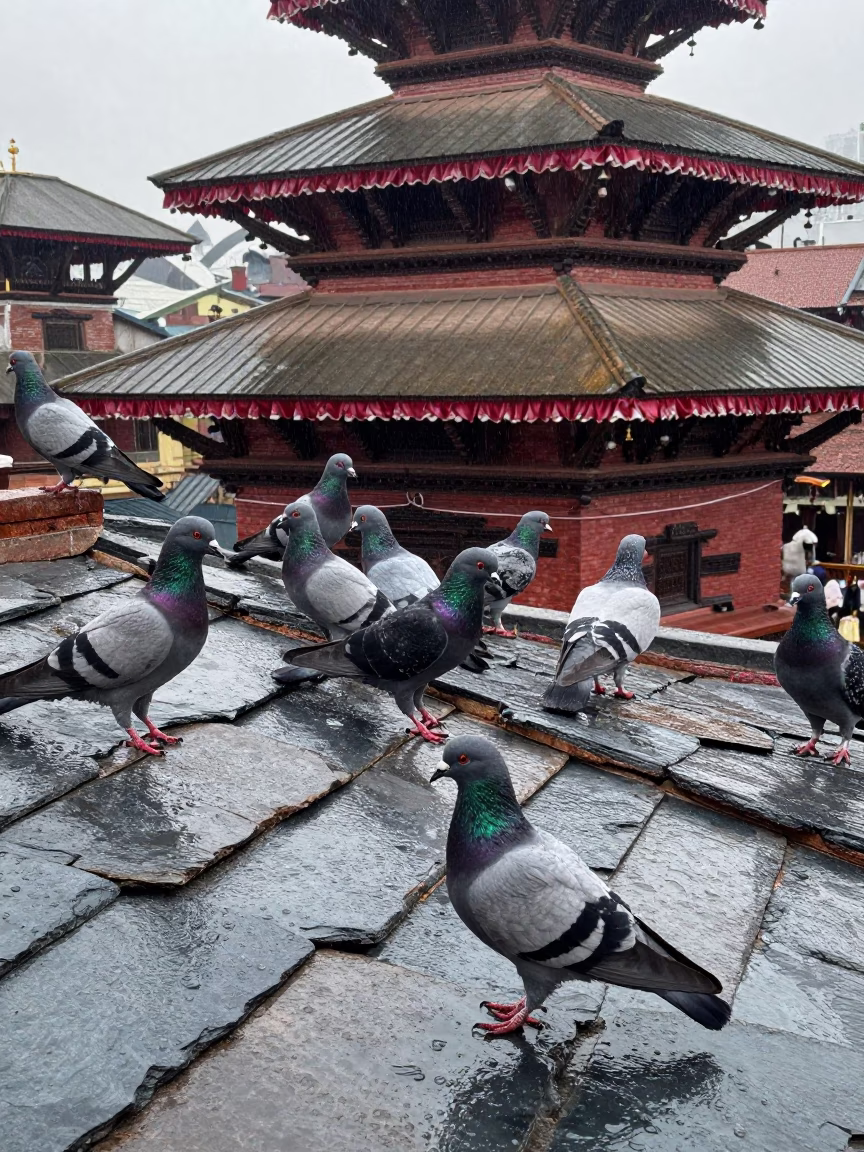 Pigeons at First Light in Kathmandu in in Kathmandu, Nepal