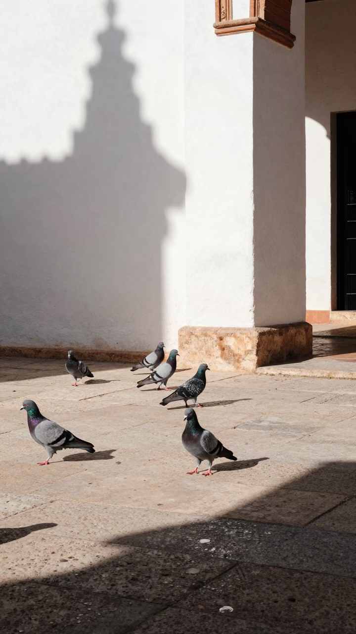 Pigeons at Flat Noon Light in in Seville, Spain