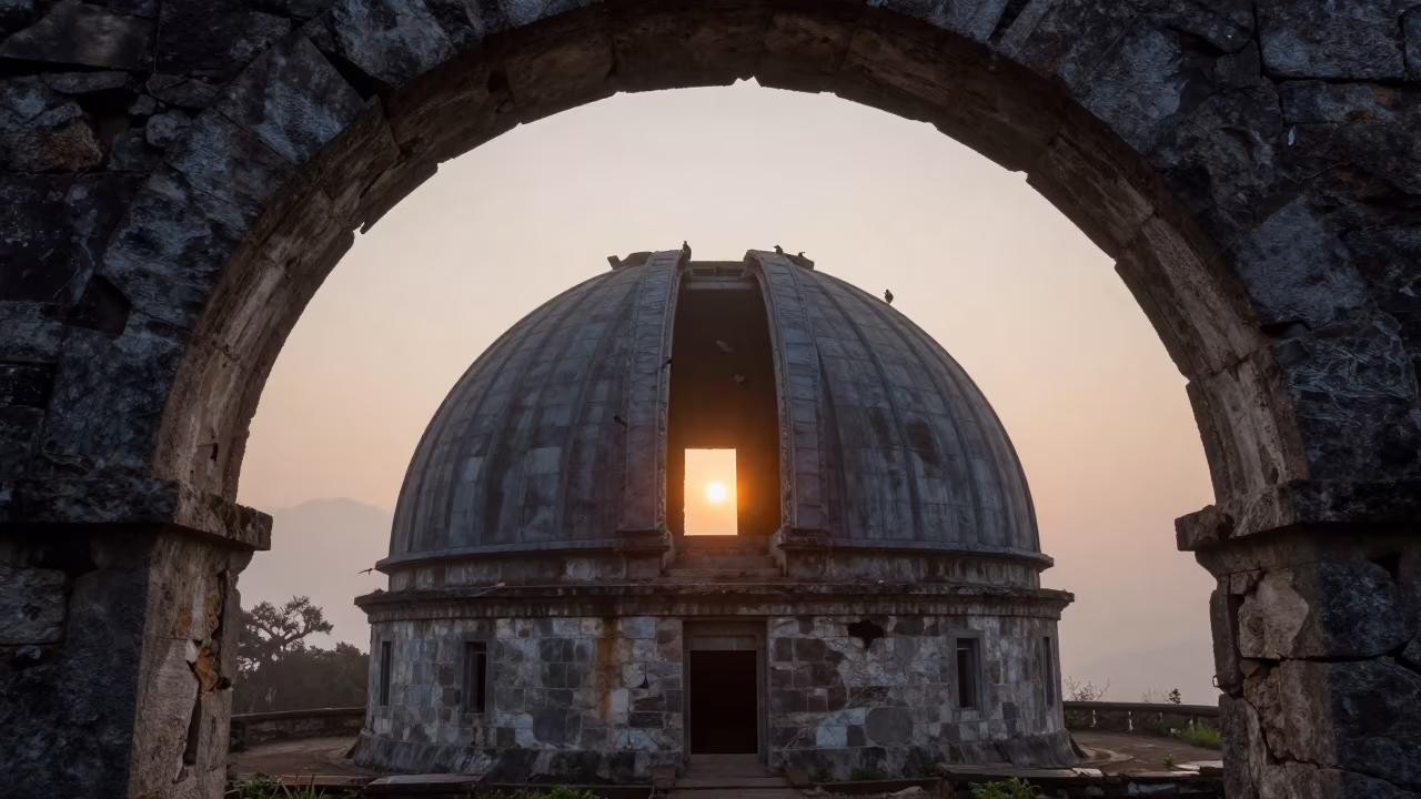 Pigeons Circling Abandoned Observatory Dome Sikkim in beneath a broken stone arch in Sikkim