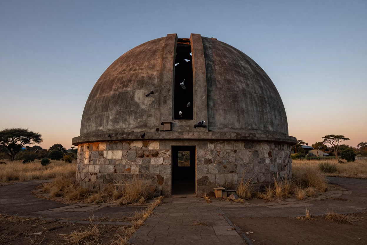 Pigeons Circling Abandoned Observatory Dome in through an abandoned ceremonial court near Nairobi