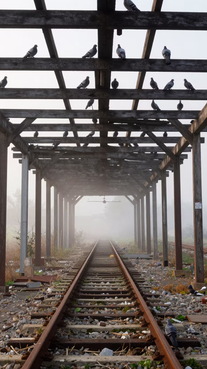 Pigeons Circling Derelict Albanian Train Depot Rafters in in Albania
