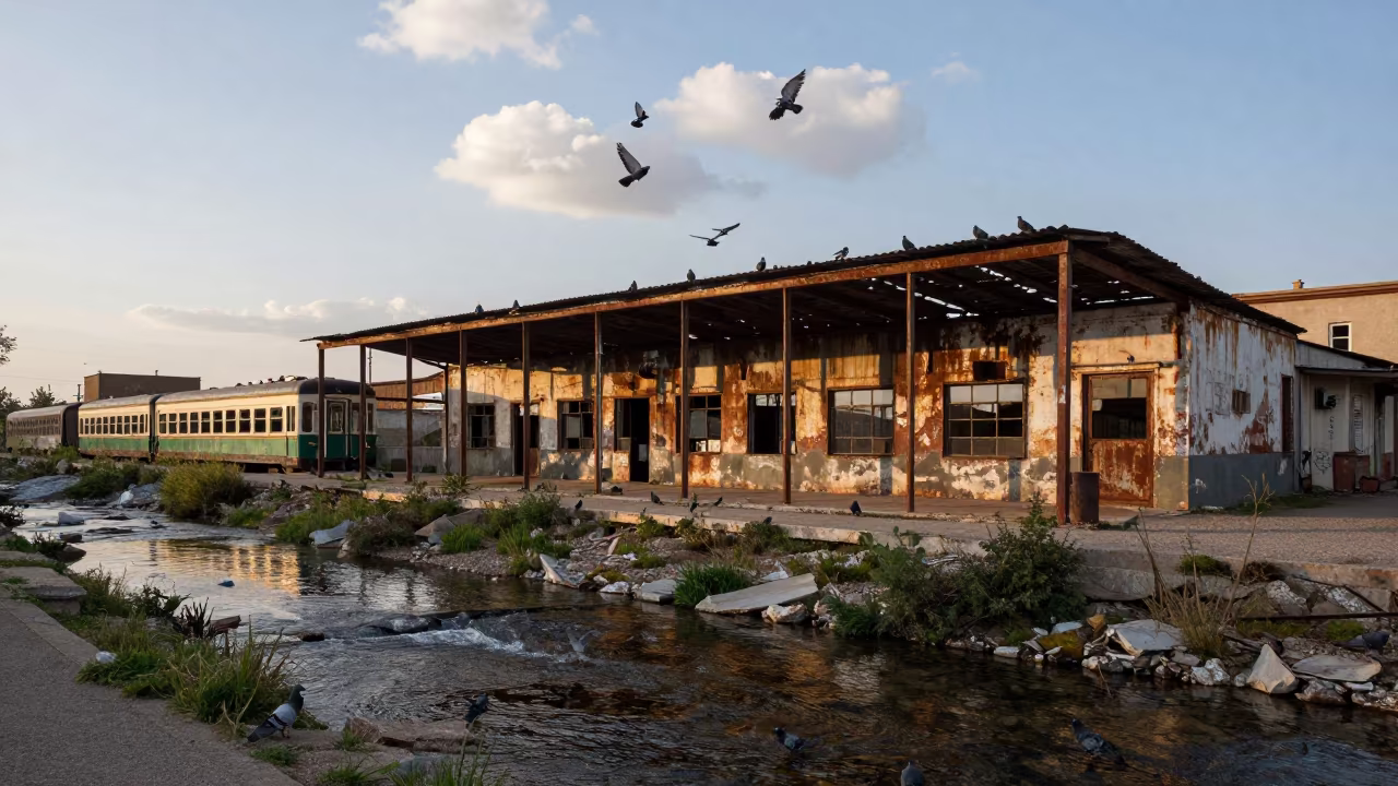Pigeons in Derelict Depot Above Glacial Stream in above a glacial stream near Annaba