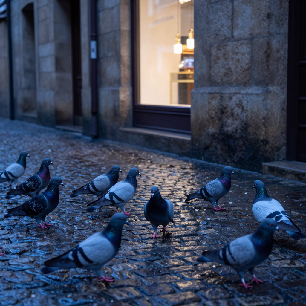 Pigeons Foraging in Bilbao in in Bilbao, Spain