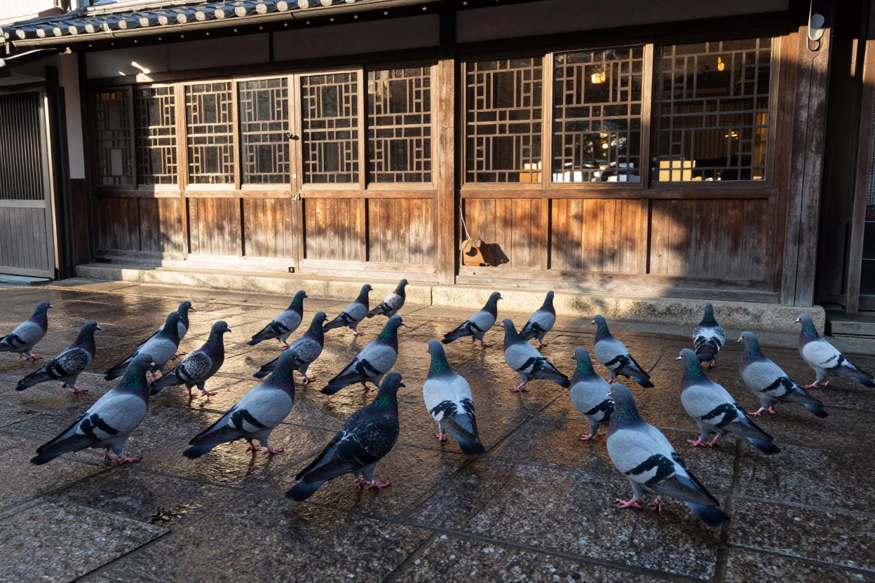 Pigeons Foraging in Fukuoka at The Early Afternoon Light in in Fukuoka, Japan