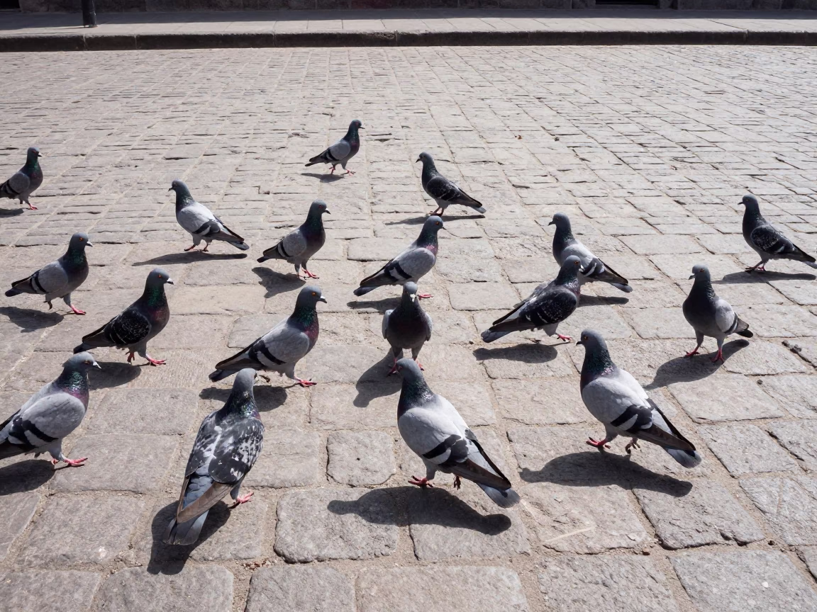 Pigeons Foraging on Sun-Baked Cobblestones in Historic Lima Under Harsh Noon Light in in Lima, Peru
