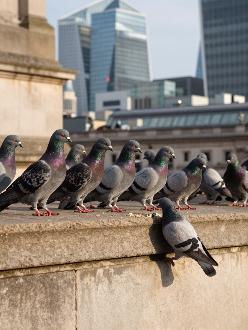 Pigeons Gather at The Early Afternoon Light in London in in London, United Kingdom