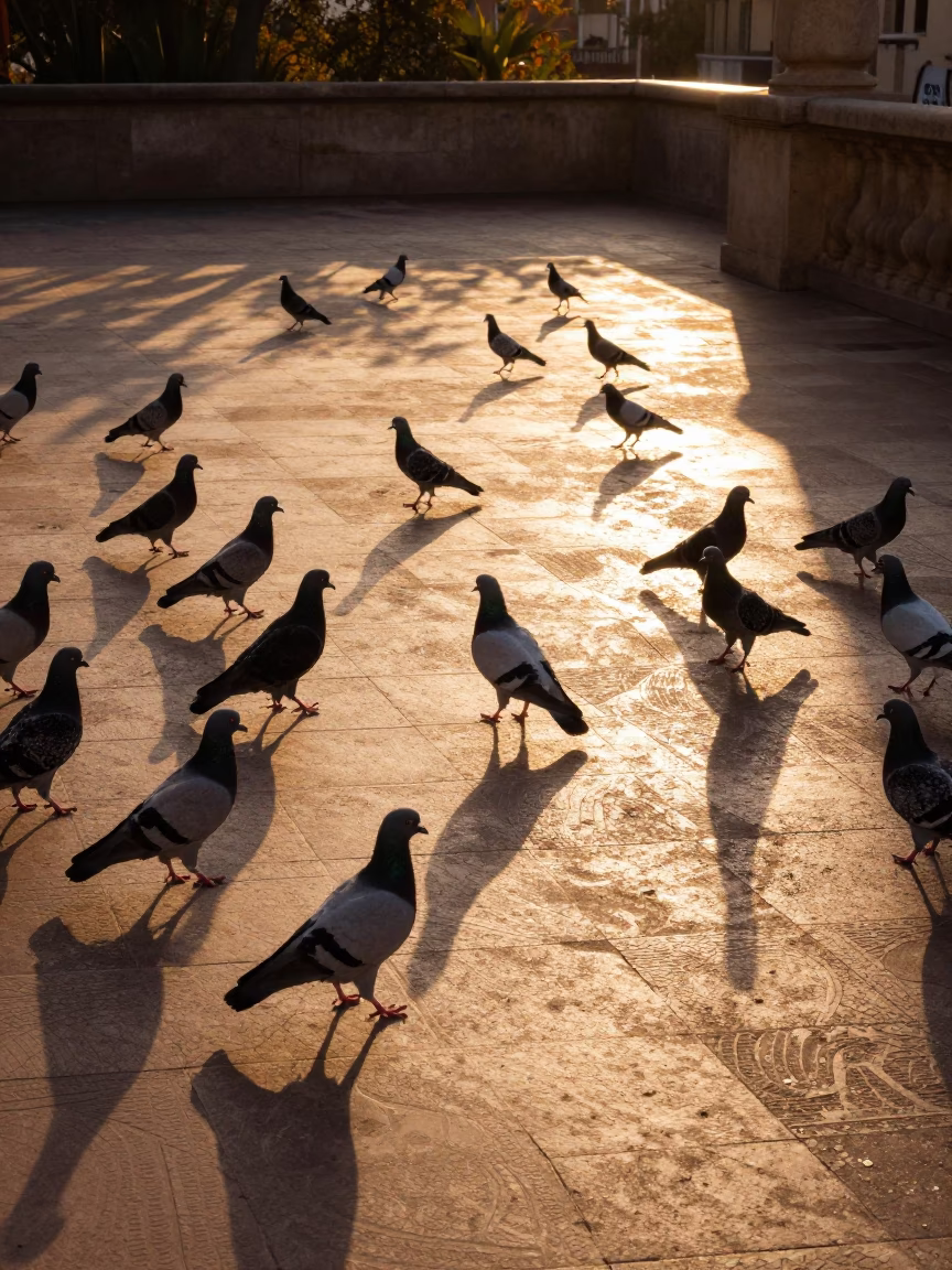 Pigeons Gather in Barcelona at Golden Hour in in Barcelona, Spain