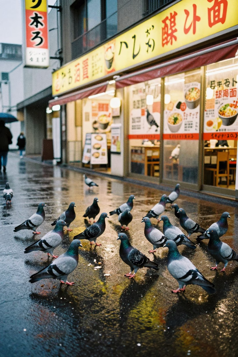 Pigeons Gathering at First Light in Sapporo in in Sapporo, Japan