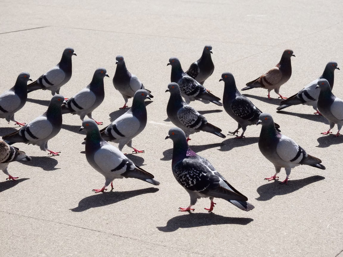 Pigeons Gathering in Adelaide at The Flat Glare Of Noon Light in in Adelaide, South Australia, Australia