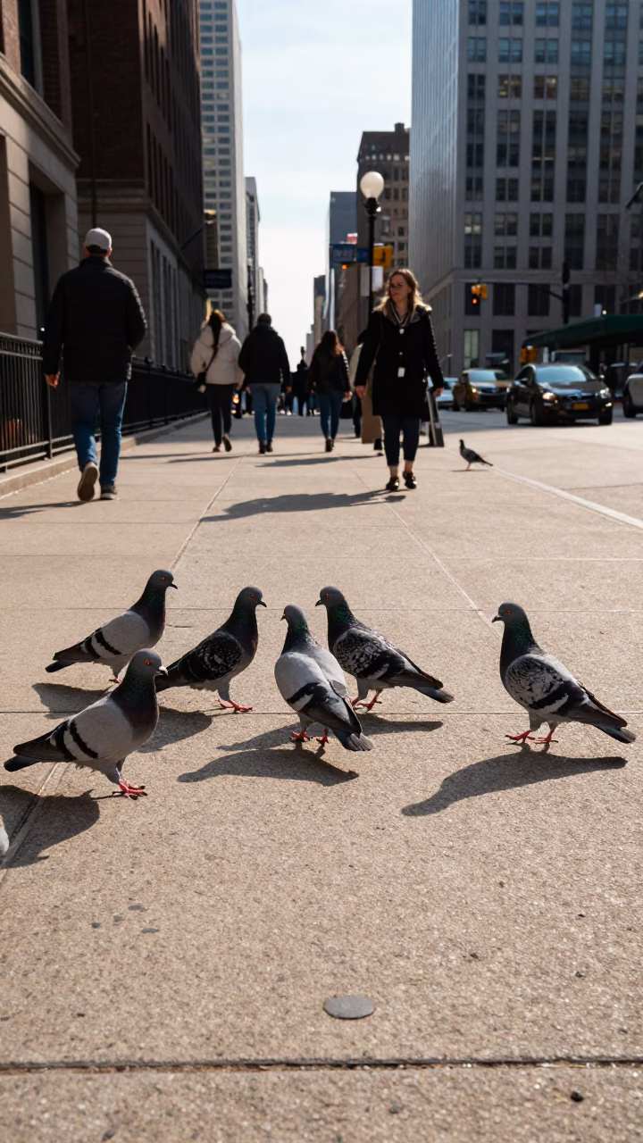 Pigeons Gathering in Chicago at Clear Late-afternoon Light in in Chicago, Illinois, United States