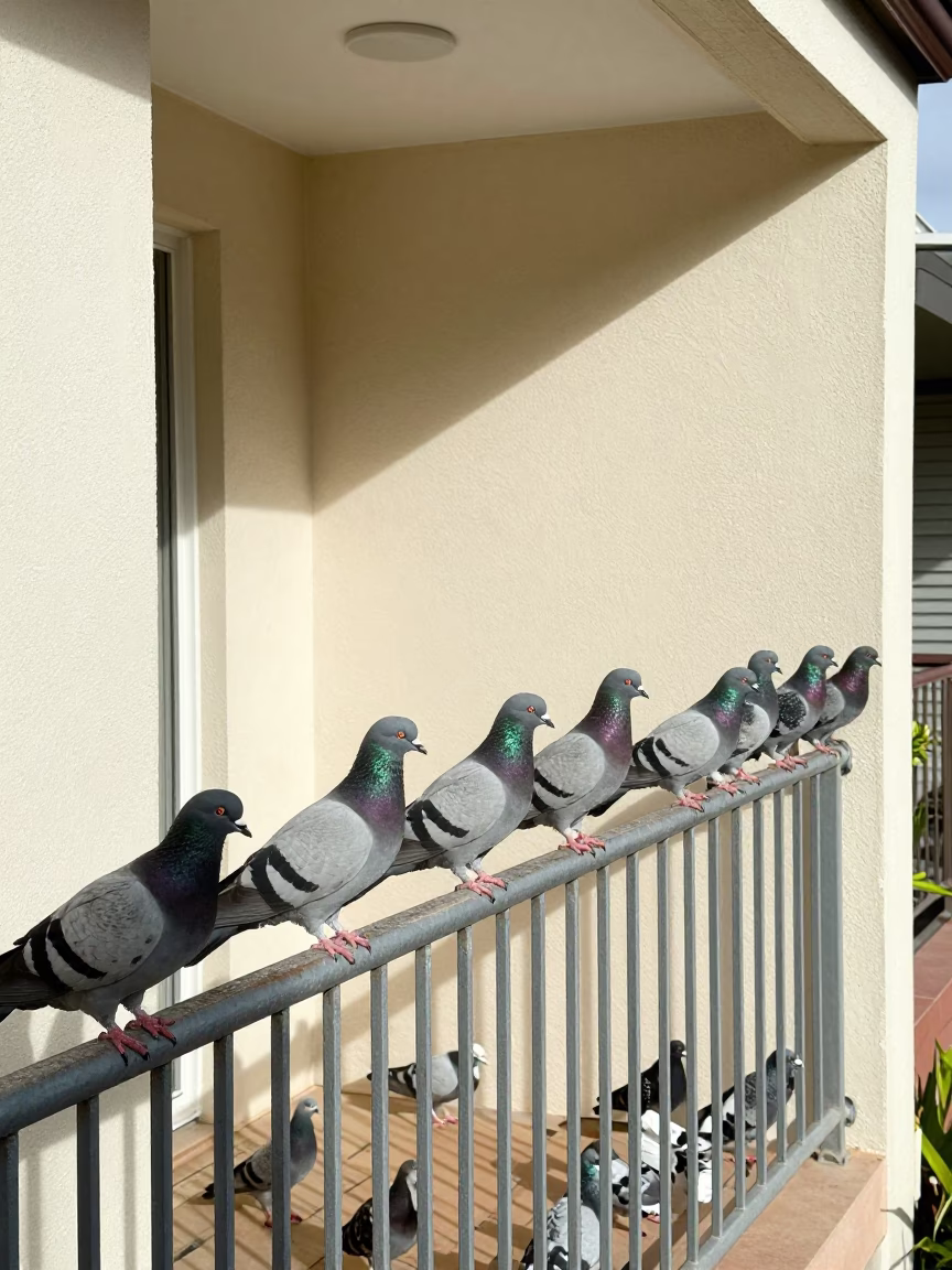 Pigeons Gathering on Perth Western Australia Balcony Railing in Bright Midmorning Light in in Perth, Western Australia, Australia