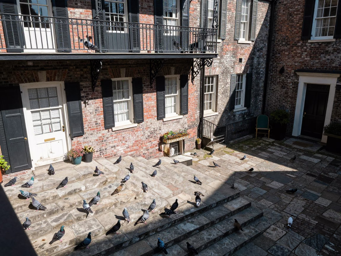 Pigeons in Charleston at Flat Noon Light in in Charleston, South Carolina, United States