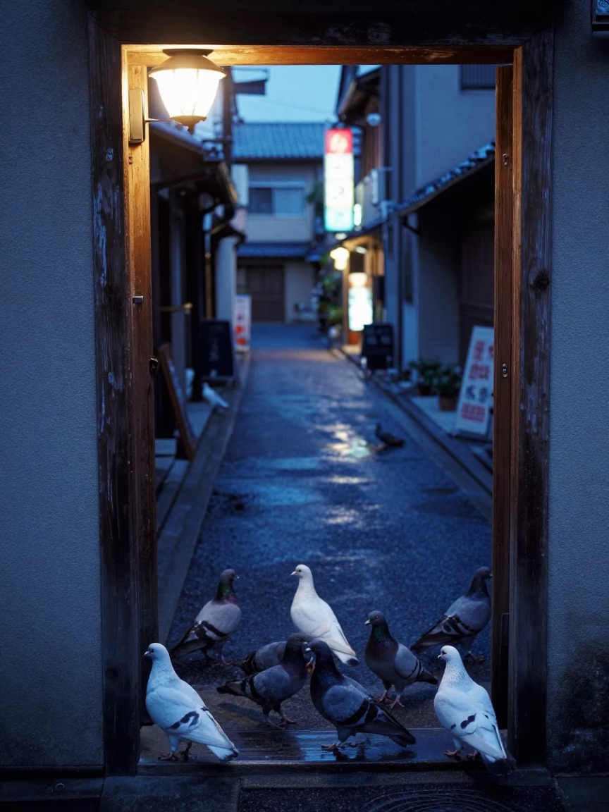 Pigeons in Fukuoka at Blue Hour in in Fukuoka, Japan
