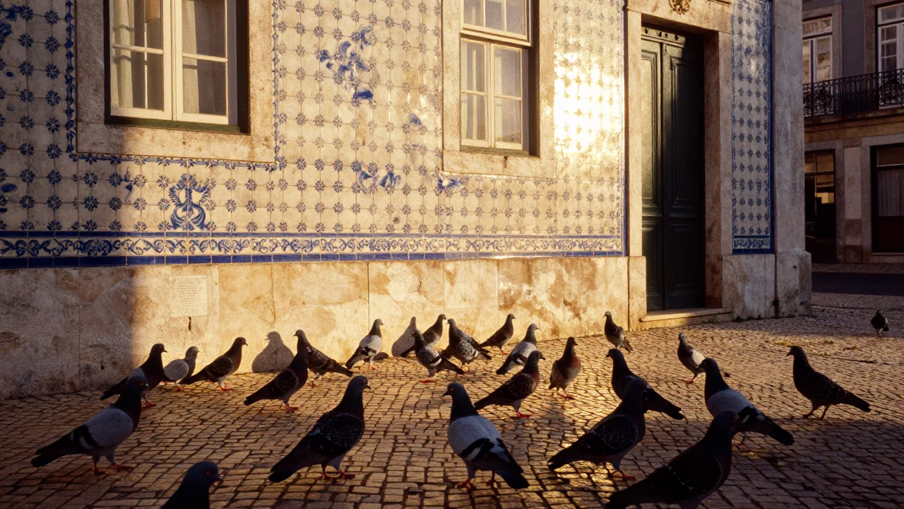 Pigeons in Lisbon at Golden Hour in in Lisbon, Portugal