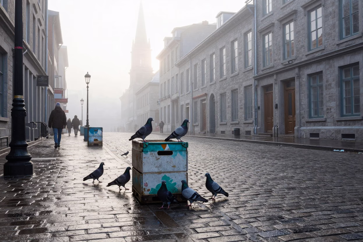 Pigeons in Montreal at Dawn Light in in Montreal, Quebec, Canada