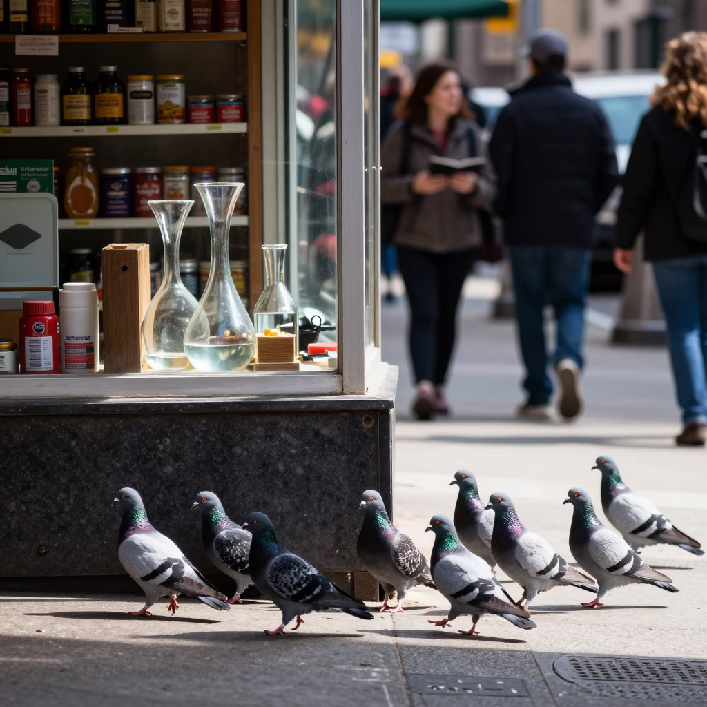 Pigeons in New York at Flat Noon Light in in New York, New York, United States