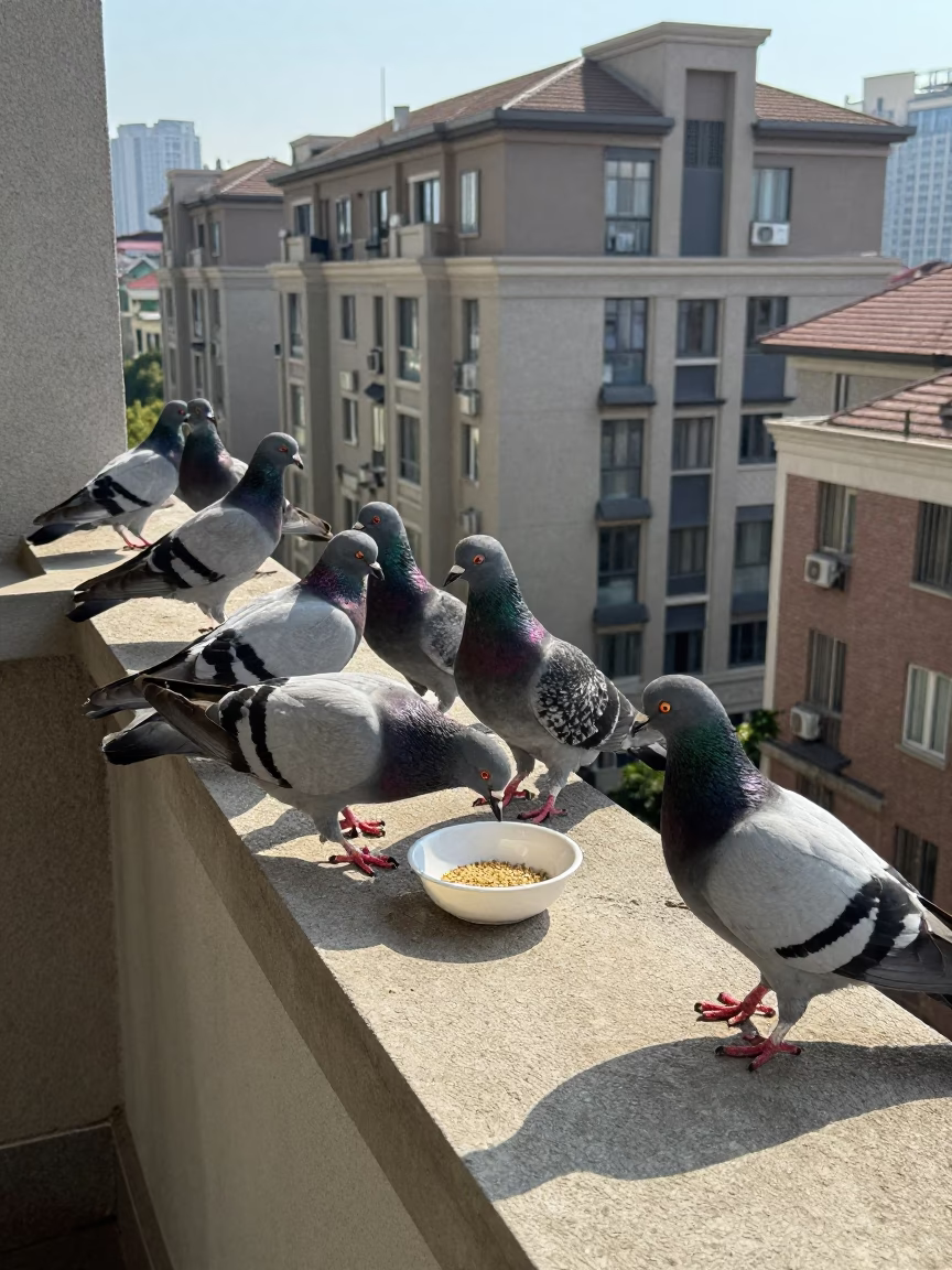 Pigeons in Shanghai at Afternoon Light in in Shanghai, China