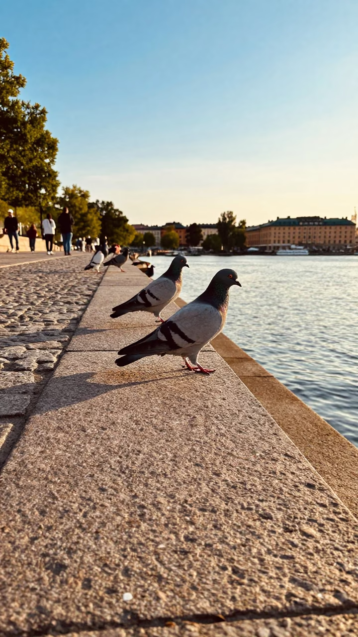 Pigeons in Stockholm at Late Afternoon Light in in Stockholm, Sweden