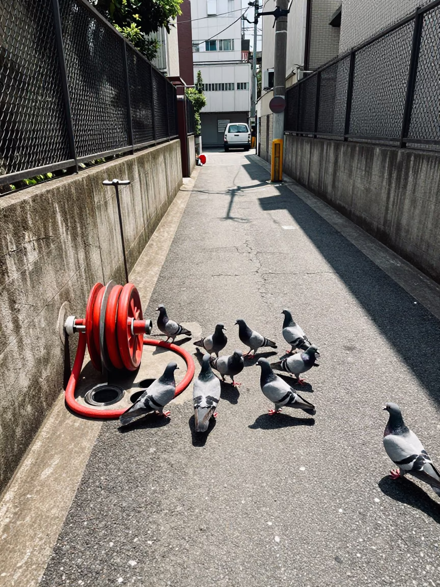 Pigeons in Tokyo at Flat Noon Light in in Tokyo, Japan