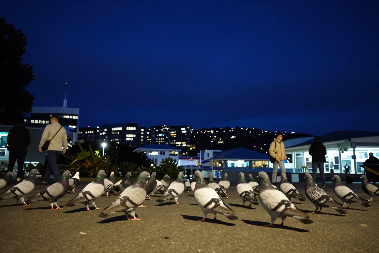 Pigeons in Wellington New Zealand Under Deep Night Sky Street Scene in in Wellington, New Zealand