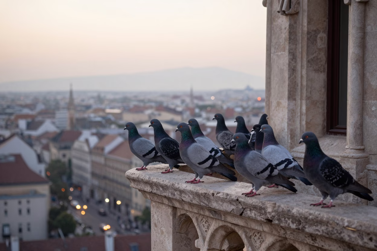 Pigeons just after sunrise in Budapest in in Budapest, Hungary