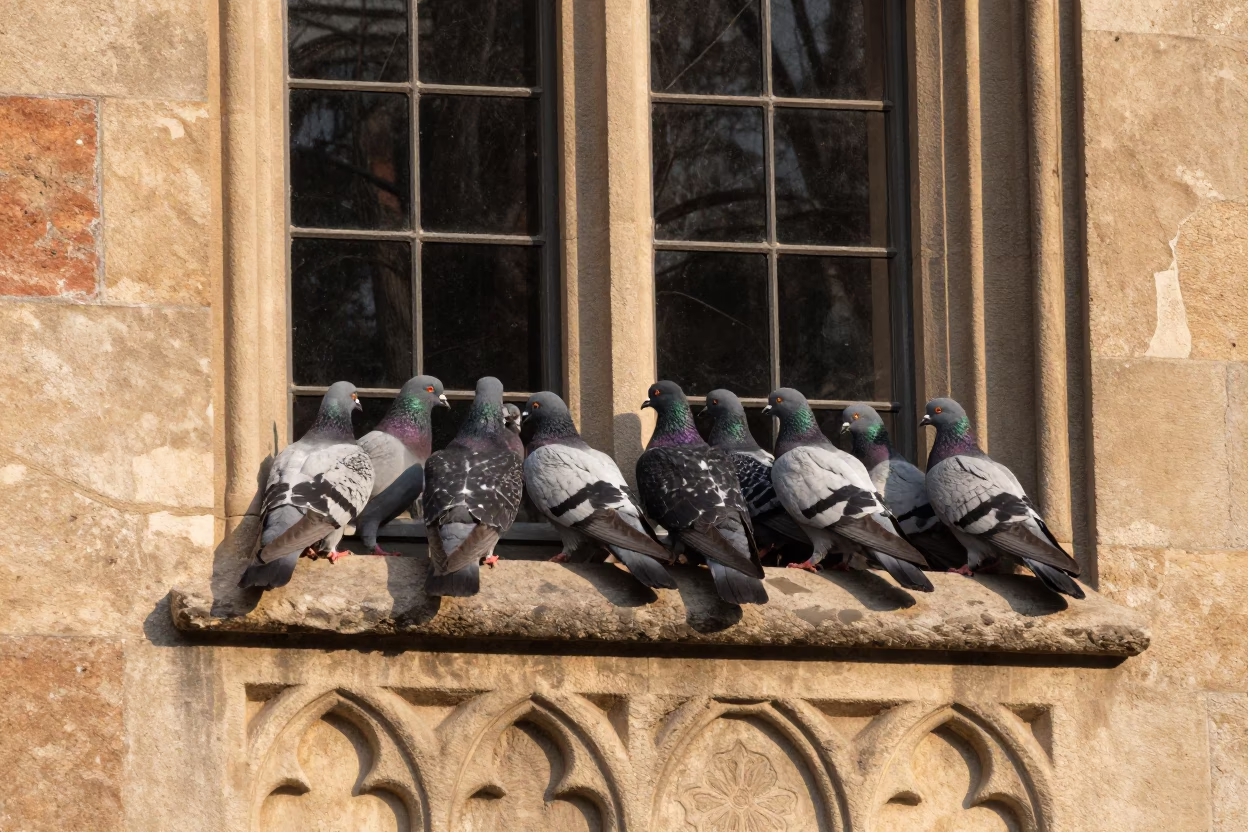 Pigeons just after sunrise in Krakow in in Krakow, Poland