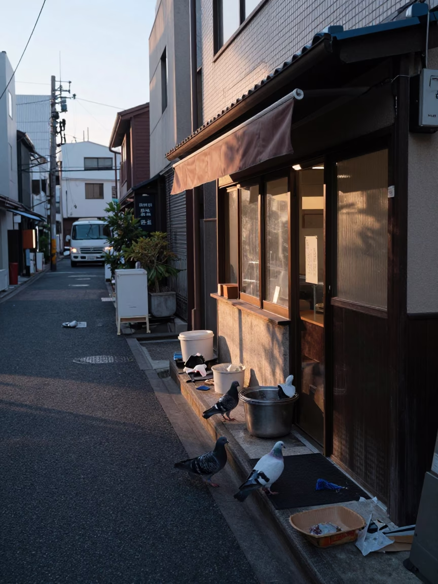 Pigeons just after sunrise in Osaka in in Osaka, Japan