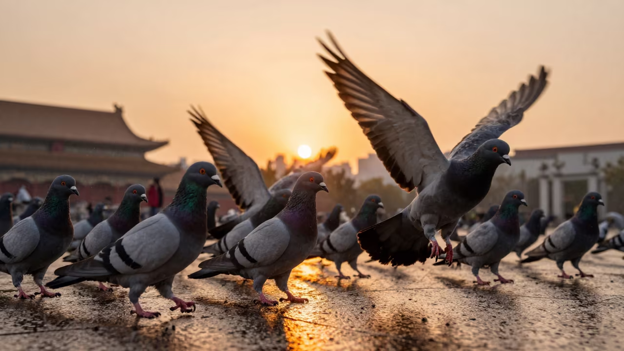 Pigeons Launch at Sunset in Chinese Square in in China