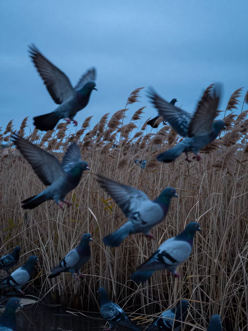 Pigeons Launching at Blue Hour Near Cagliari Reed Bed in at the edge of a reed bed near Cagliari