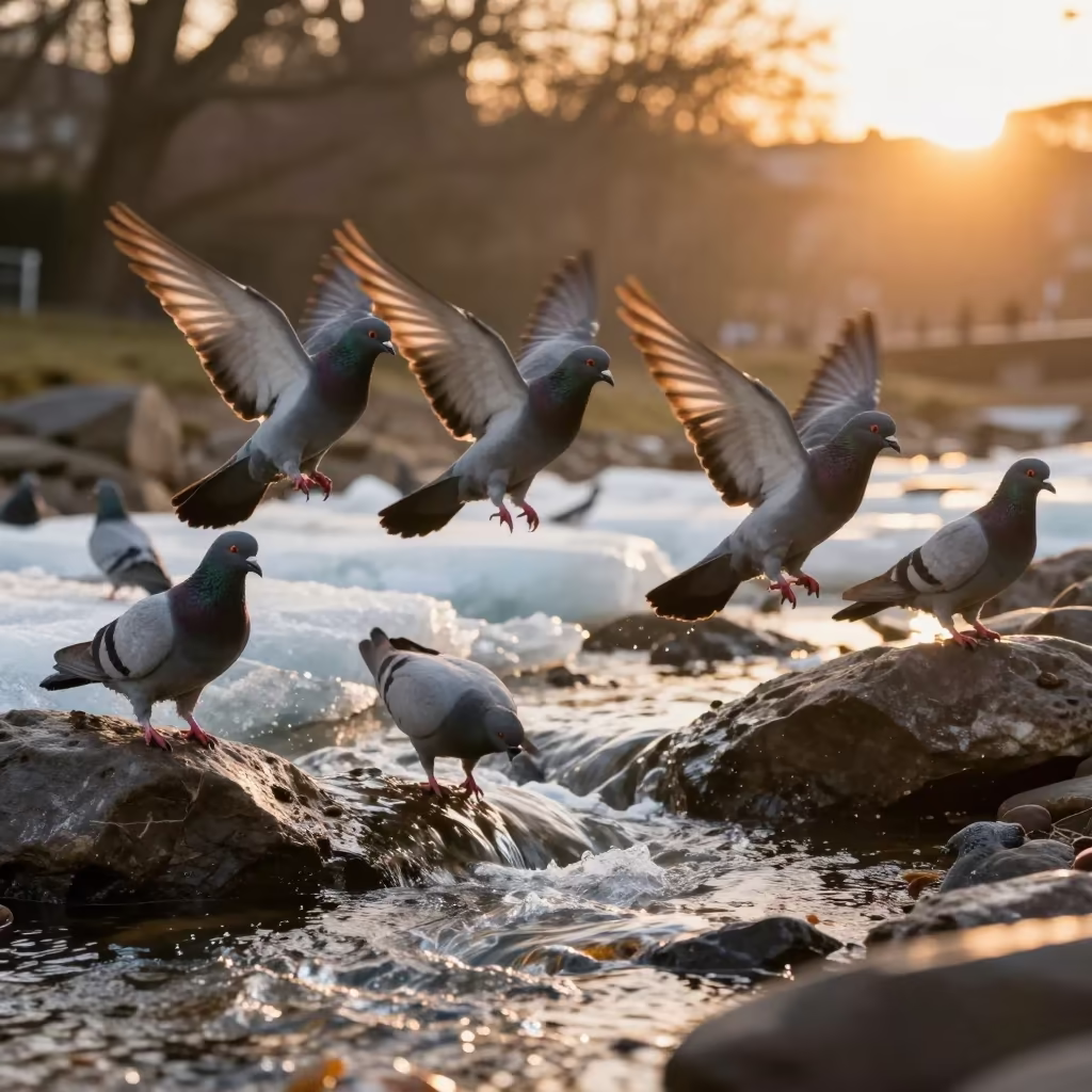 Pigeons Launching From Glacial Stream in Amber Sunset in above a glacial stream near East London