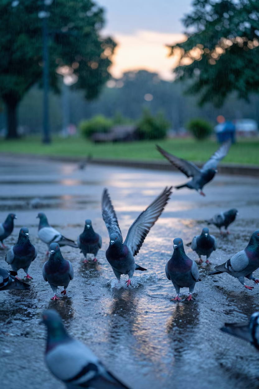 Pigeons Launching from Water in Missouri Rain in along a game trail in Missouri