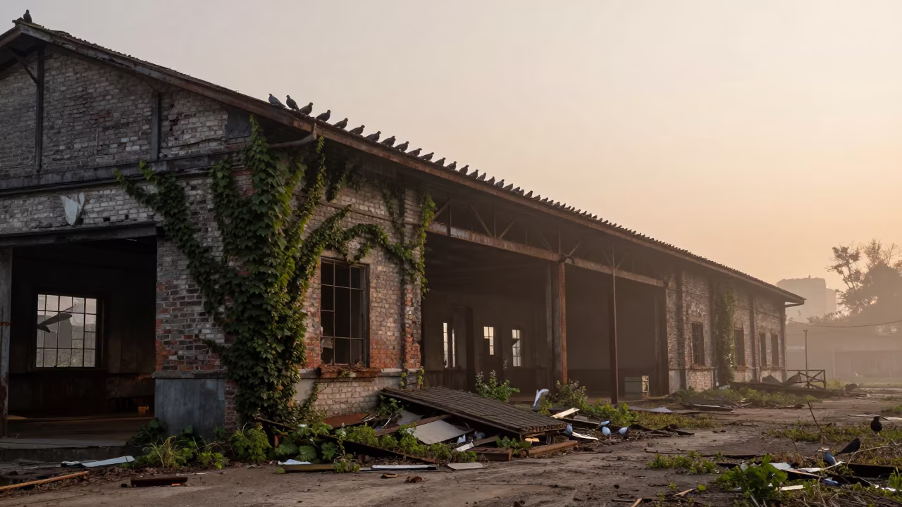 Pigeons Lift from Ivy Ruined Train Shed in beside ivy-draped masonry near Fuzhou