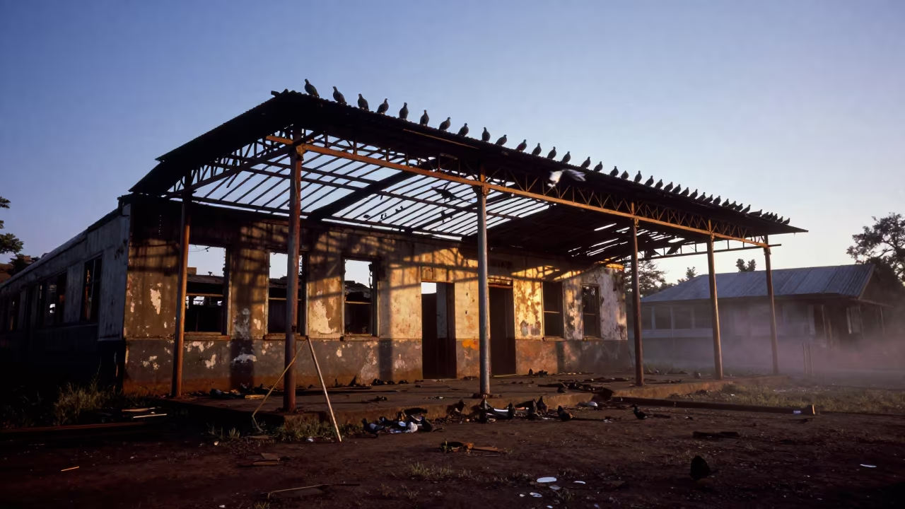 Pigeons Lift from Train Shed in Eswatini Twilight in through an abandoned ceremonial court in Eswatini
