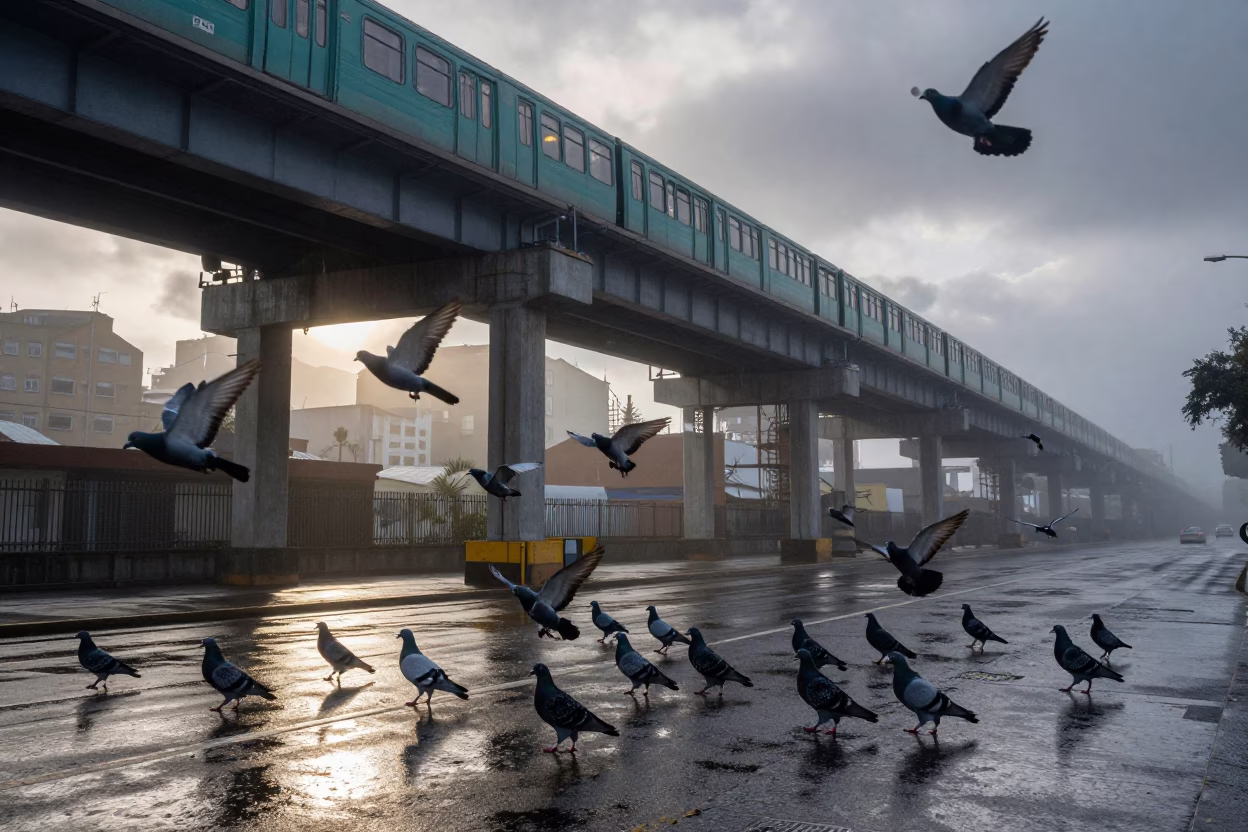 Pigeons Lift from Valparaiso Street Corner at Dawn in under an elevated train line in Valparaiso