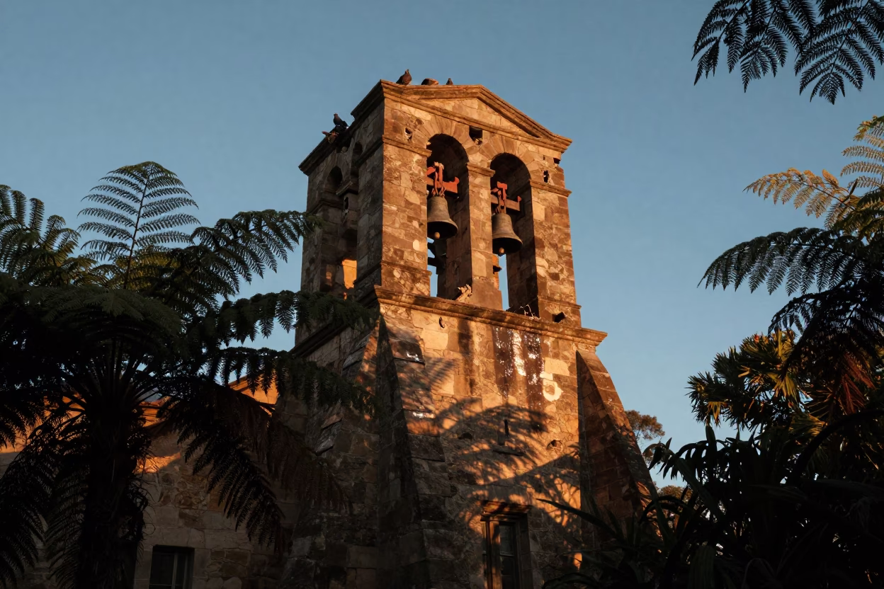 Pigeons Nest in Crumbling Bell Tower Shadow in along a game trail in Australia
