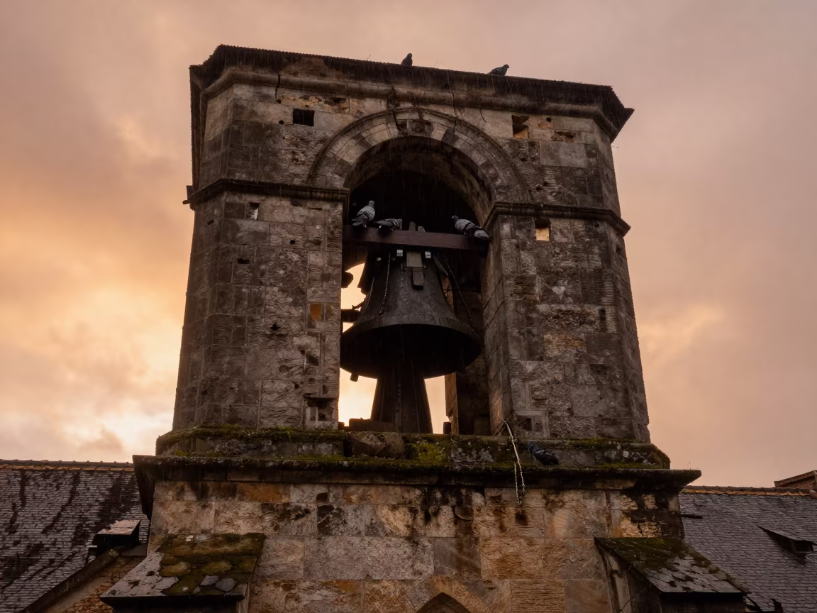 Pigeons Nesting in Burgundy Bell Tower Dusk in in Burgundy