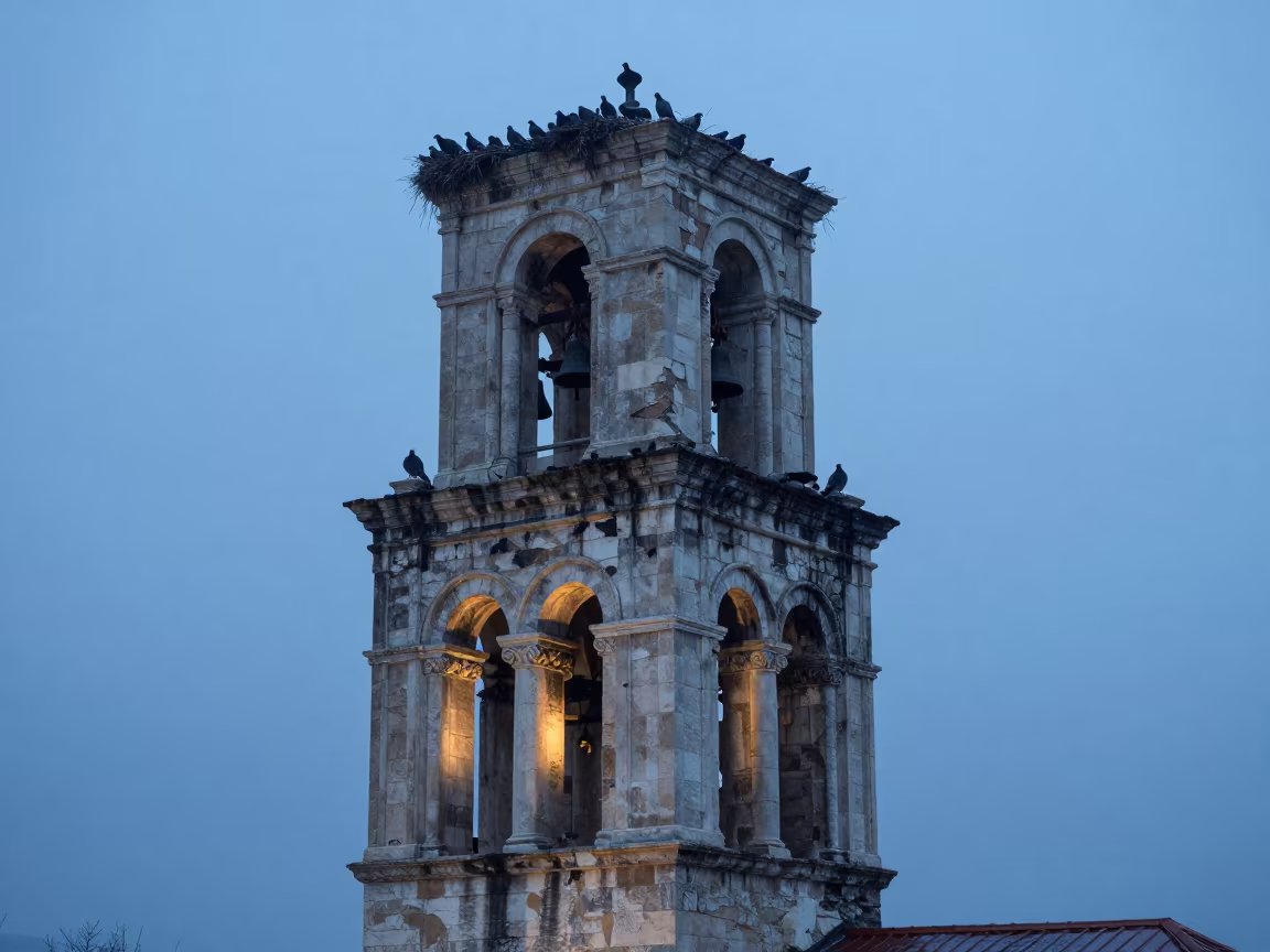 Pigeons Nesting in Crumbling Bell Tower in near Nis