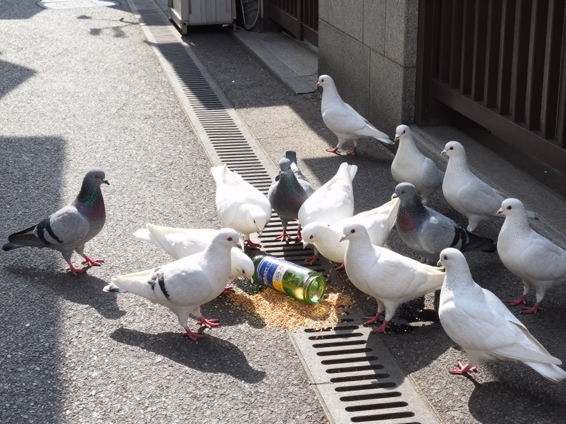 Pigeons Pecking in Osaka in in Osaka, Japan