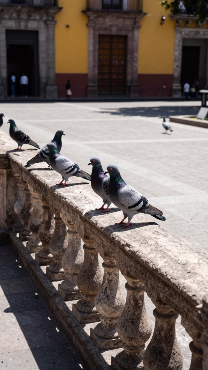 Pigeons Perched in Oaxaca at The Flat Glare Of Noon Light in in Oaxaca, Mexico