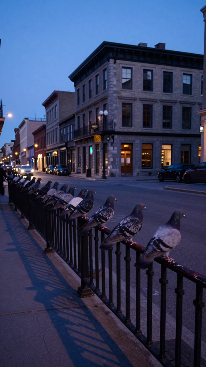 Pigeons perched on vintage railing during indigo twilight in Montreal Quebec Canada in in Montreal, Quebec, Canada